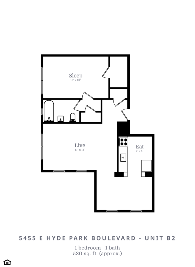 Floor plan for 1 bed, 1 bath, 530 sqft